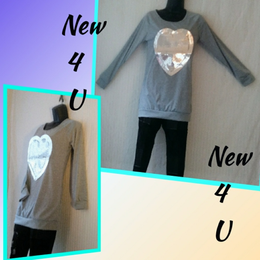 New Grey Tee with Silver Sequin heart ❤